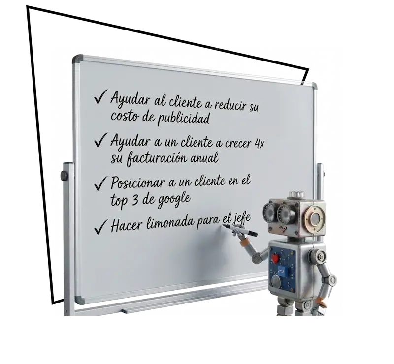 un robot dando clases de a una agencia de marketing digital con un check list de los logros de la agencia